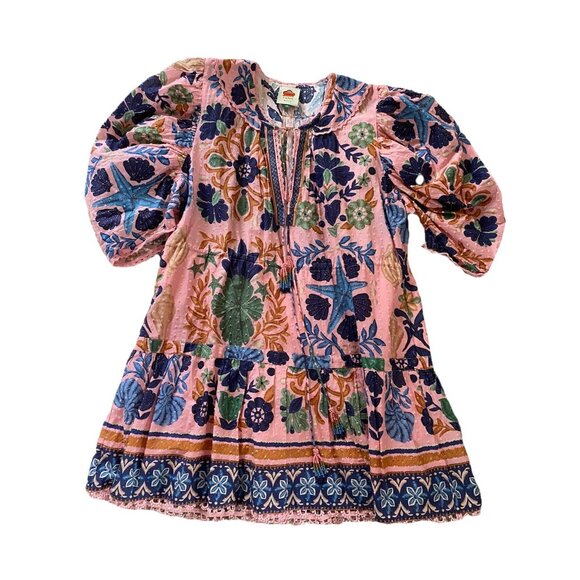 FARM RIO Seashell Tapestry Pink Mini Dress XL Organic Cotton Puff Sleeves Tassel - Picture 6 of 14